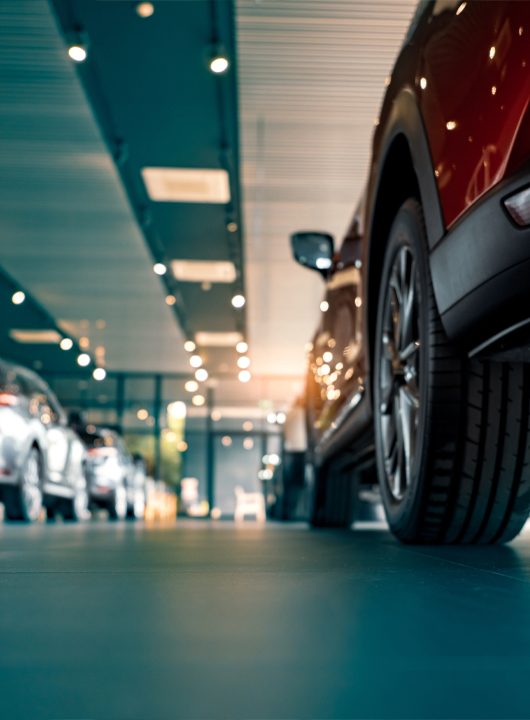 Rearview of parked cars in dealership showroom