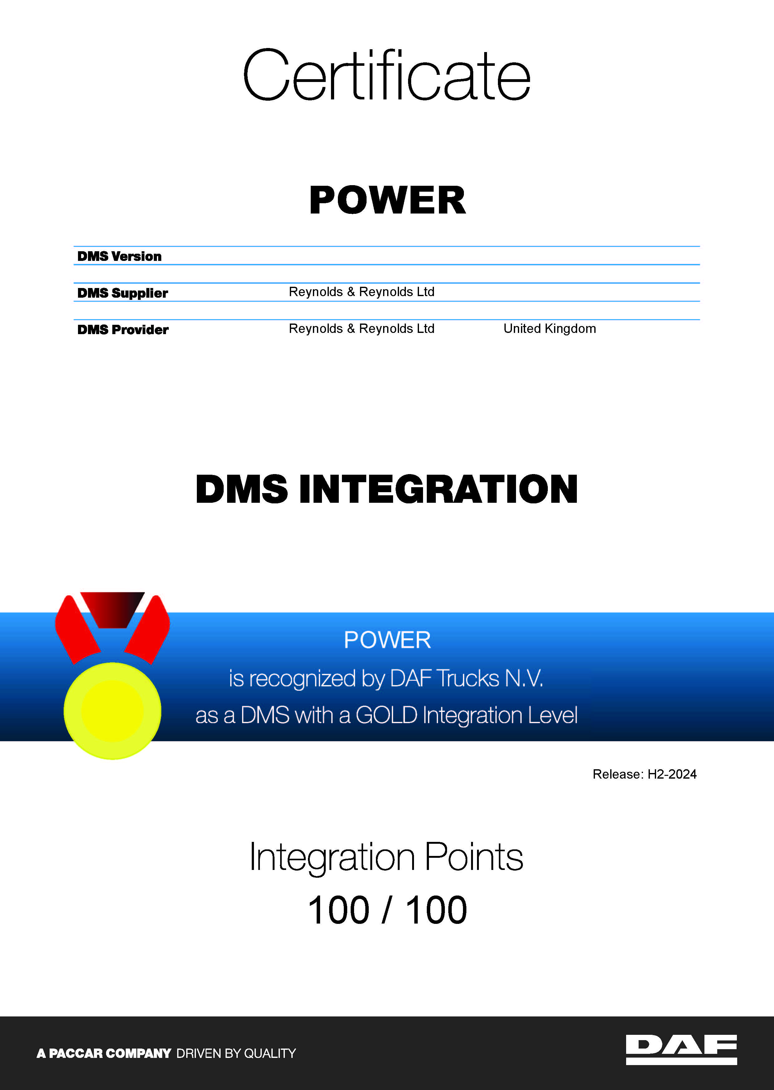 DAF certificate to recognise Reynolds and Reynolds of their POWER DMS with a Gold Integration Level