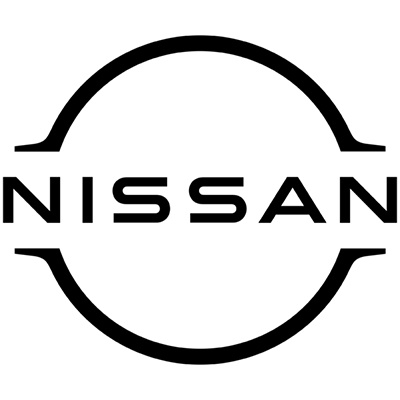 Nissan Logo: "Nissan logo: A minimalist, flat design featuring the word 'NISSAN' in bold black letters, centered within a broken circular outline