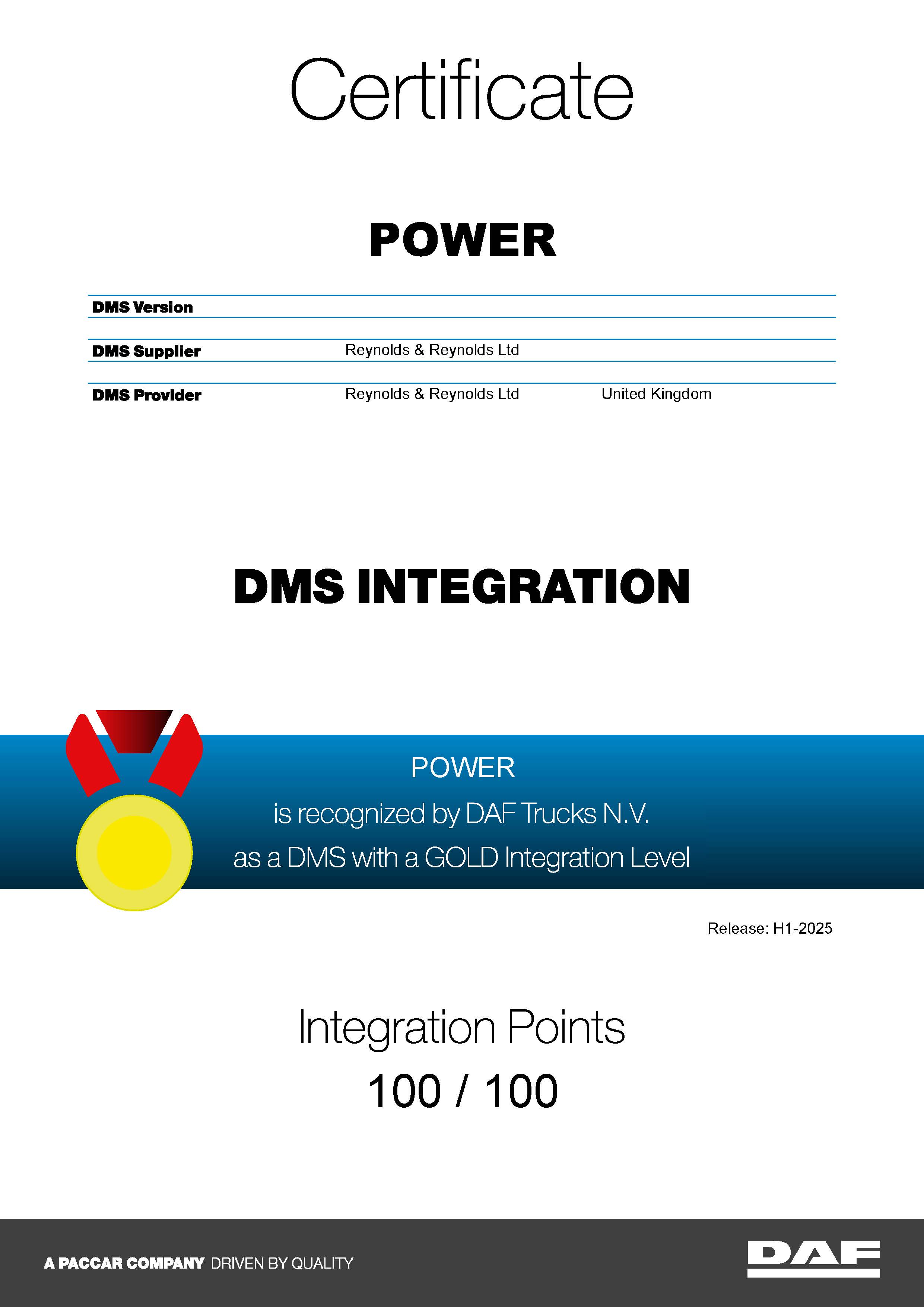 DAF certificate to recognise Reynolds and Reynolds of their POWER DMS with a Gold Integration Level