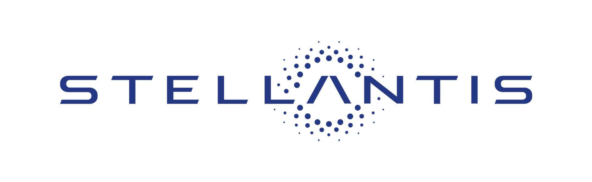 The Stellantis logo consists of the word "STELLANTIS" written in all capital letters. The font is modern and clean, with wide spacing between each letter to make it easy to read. Above the "A" in the word, there is a circle made of small dots. These dots form a star-like shape, symbolizing a burst of energy or light.