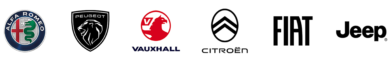 Logos for Alfa Romeo, Peugot, Vauxhall, Citreon, Fiat, and Jeep