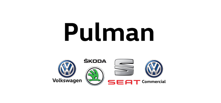 Pulman word on blue bold characters, above the four manufacturers logos of  Volkswagen, Skoda, Seat and Volkswagen Commercial.